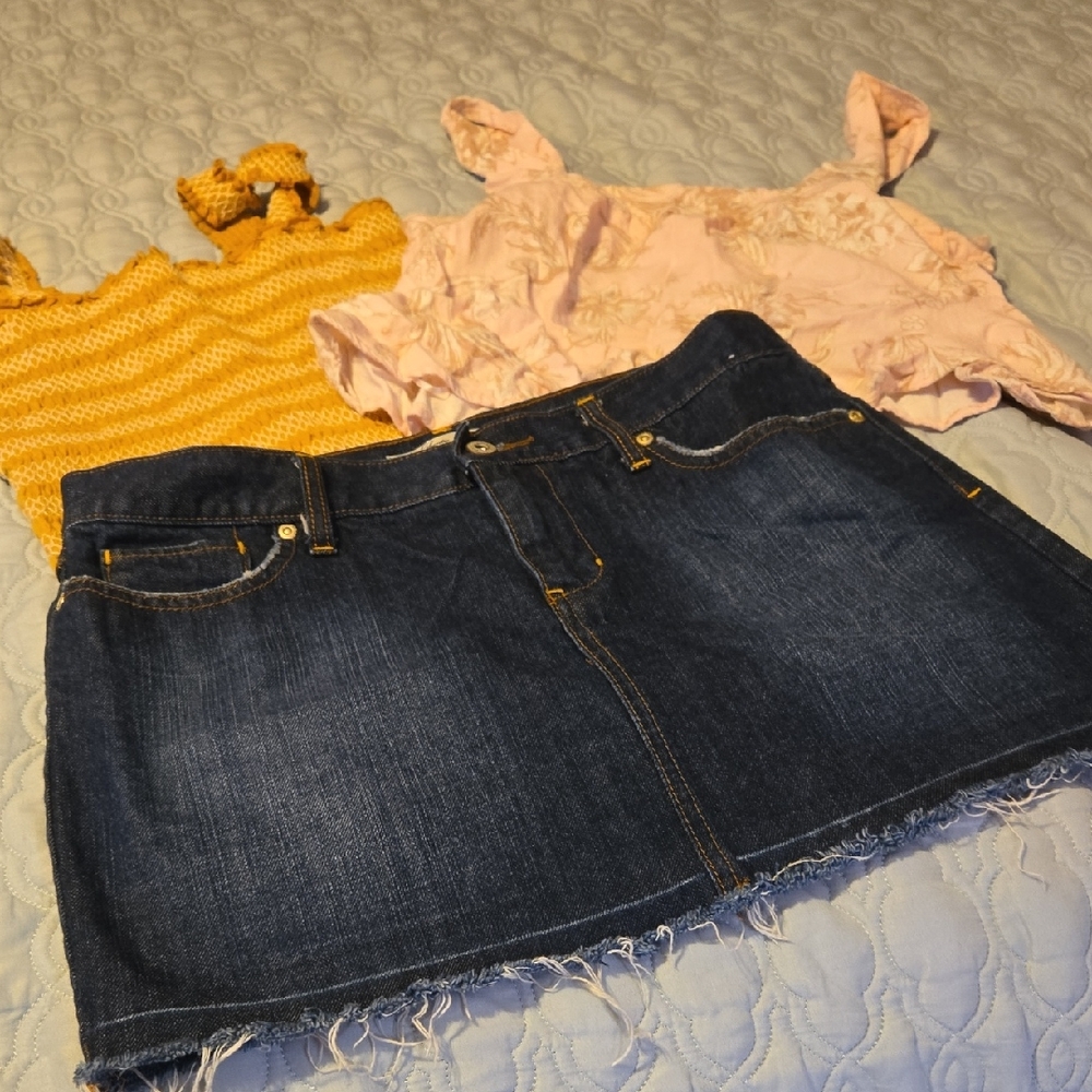 Denim Skirt with Yellow and Pink Cropped Tops